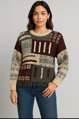 Rebecca Stone Patchwork Chunky Knit Sweater Women’s L Multicolor Boho 90s